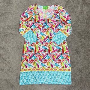 Pappagallo Green White Pink Floral Print Shift Dress Flutter Sleeve Size M